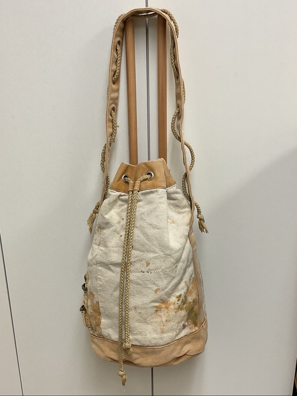 Free People Cream and Tan Canvas Drawstring Hobo Bag